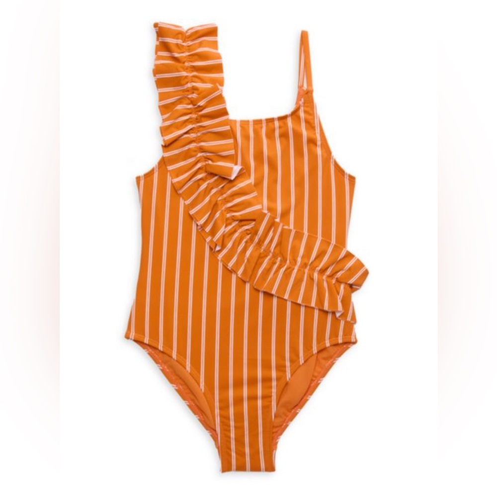 NWT Habitual Swim Girls  Orange and White Striped Ruffle Swimsuit in Size 12